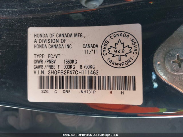 Aukcja sprzedaży 2012 Honda Civic Lx, vin: 2HGFB2F47CH111463, numer aukcji: 12697845