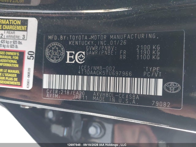 Aukcja sprzedaży 2026 Toyota Camry Xse/night Shade/le/xle/se, vin: 4T1DAACK5TU697966, numer aukcji: 12697848