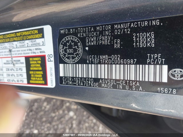 Продаж на аукціоні авто 2012 Toyota Camry Se, vin: 4T1BF1FK0CU060987, номер лоту: 12697881
