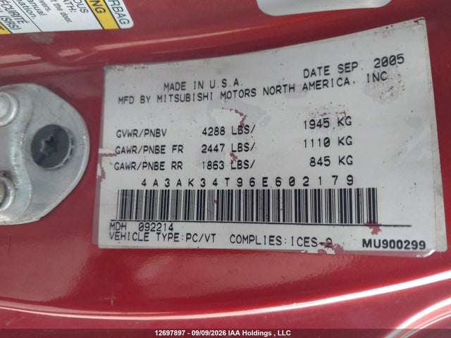 12697897 :رقم المزاد ، 4A3AK34T96E602179 vin ، 2006 Mitsubishi Eclipse Gt مزاد بيع