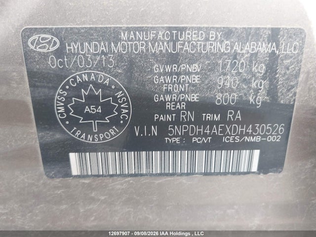 2013 Hyundai Elantra მანქანა იყიდება აუქციონზე, vin: 5NPDH4AEXDH430526, აუქციონის ნომერი: 12697907
