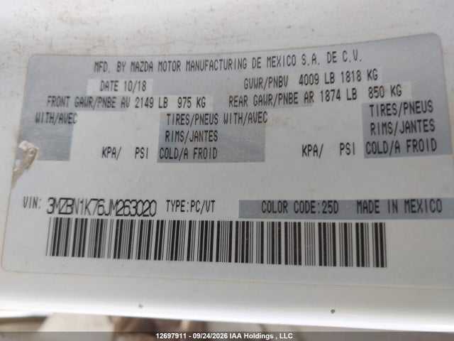 12697911 :رقم المزاد ، 3MZBN1K76JM263020 vin ، 2018 Mazda Mazda3 Gx مزاد بيع