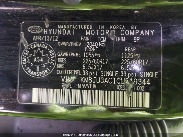 Aukcja sprzedaży 2012 Hyundai Tucson Gls, vin: KM8JU3AC1CU519344, numer aukcji: 12697915