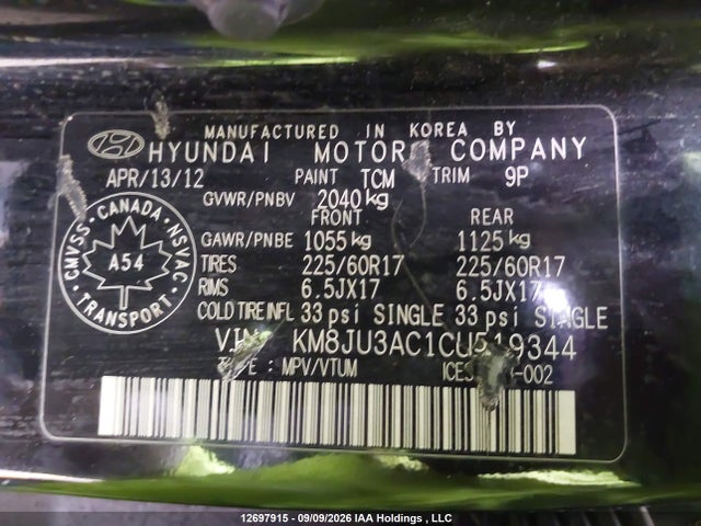 Aukcja sprzedaży 2012 Hyundai Tucson Gls, vin: KM8JU3AC1CU519344, numer aukcji: 12697915