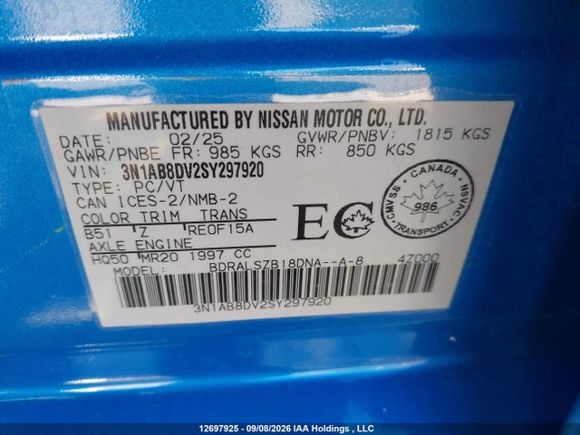 3N1AB8DV2SY297920 Nissan SENTRA SR