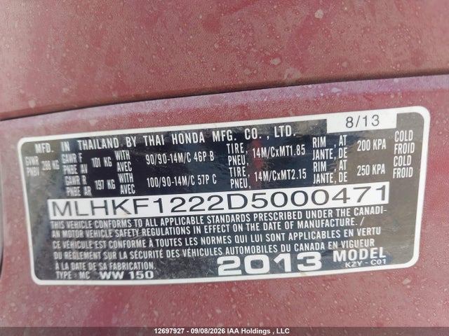 Продаж на аукціоні авто 2013 Honda Pcx 150, vin: MLHKF1222D5000471, номер лоту: 12697927