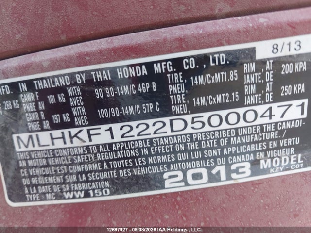 Продаж на аукціоні авто 2013 Honda Pcx 150, vin: MLHKF1222D5000471, номер лоту: 12697927