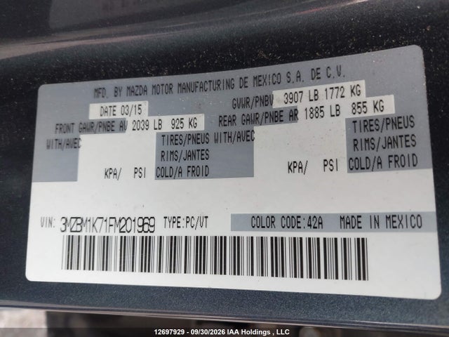 12697929 :رقم المزاد ، 3MZBM1K71FM201969 vin ، 2015 Mazda 3 Sport مزاد بيع