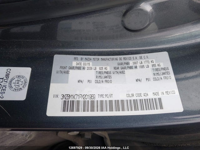 12697929 :رقم المزاد ، 3MZBM1K71FM201969 vin ، 2015 Mazda 3 Sport مزاد بيع