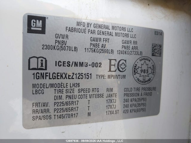 Chevrolet EQUINOX LT 2014 1GNFLGEKXEZ125151 Image 9