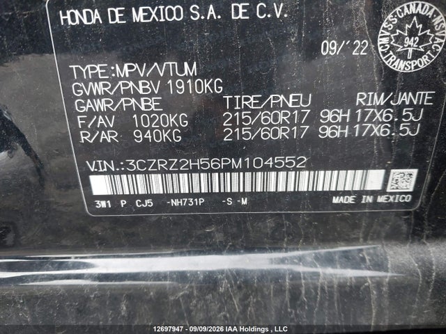 12697947 :رقم المزاد ، 3CZRZ2H56PM104552 vin ، 2023 Honda Hr-v Sport مزاد بيع