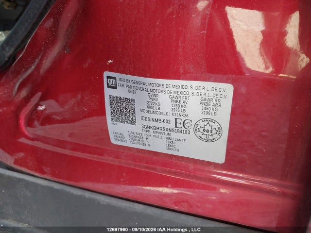 12697960 :رقم المزاد ، 3GNKBHRSXNS184103 vin ، 2022 Chevrolet Blazer 2lt مزاد بيع