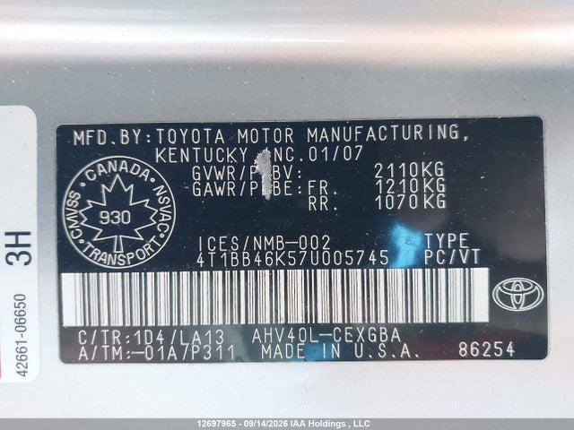 Aukcja sprzedaży 2007 Toyota Camry Hybrid, vin: 4T1BB46K57U005745, numer aukcji: 12697965