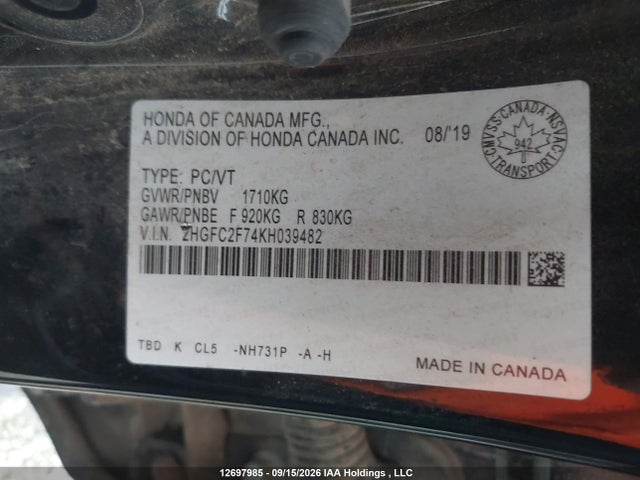 Honda CIVIC EX 2019 2HGFC2F74KH039482 Image 9
