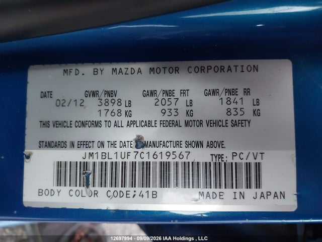 Продажа на аукционе авто 2012 Mazda 3 I, vin: JM1BL1UF7C1619567, номер лота: 12697994