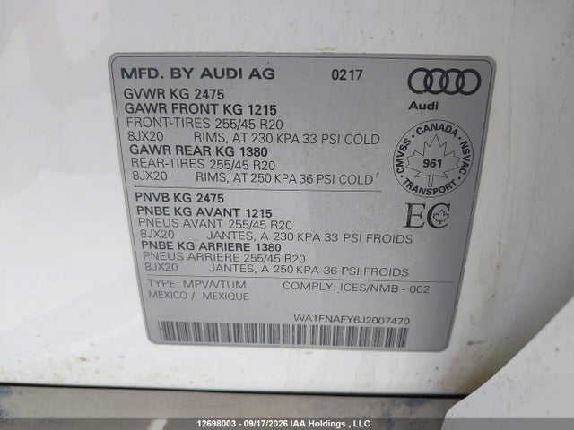 12698003 :رقم المزاد ، WA1FNAFY6J2007470 vin ، 2018 Audi Q5 Technik S-line مزاد بيع