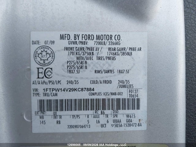 Продажа на аукционе авто 2009 Ford F-150 Fx4/king Ranch/lariat/platinum Package/xlt, vin: 1FTPW14V29KC87884, номер лота: 12698005