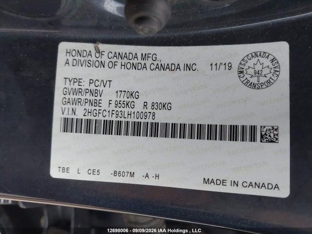 Honda Civic Touring 2020 2HGFC1F93LH100978 Image 9