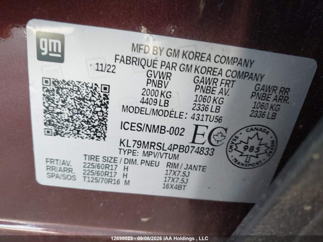 12698023 :رقم المزاد ، KL79MRSL4PB074833 vin ، 2023 Chevrolet Trailblazer Lt مزاد بيع