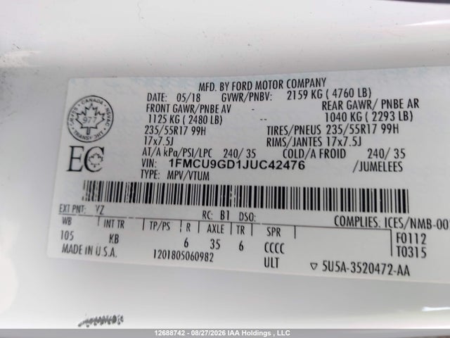 Продаж на аукціоні авто 2018 Ford Escape Se, vin: 1FMCU9GD1JUC42476, номер лоту: 12688742