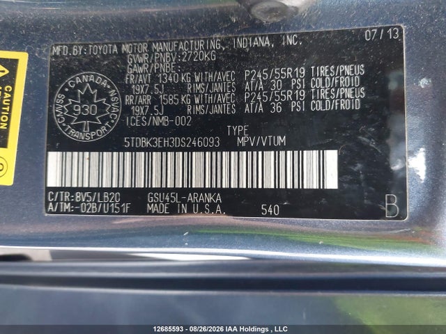 Auction sale of the 2013 Toyota Highlander V6, vin: 5TDBK3EH3DS246093, lot number: 12685593