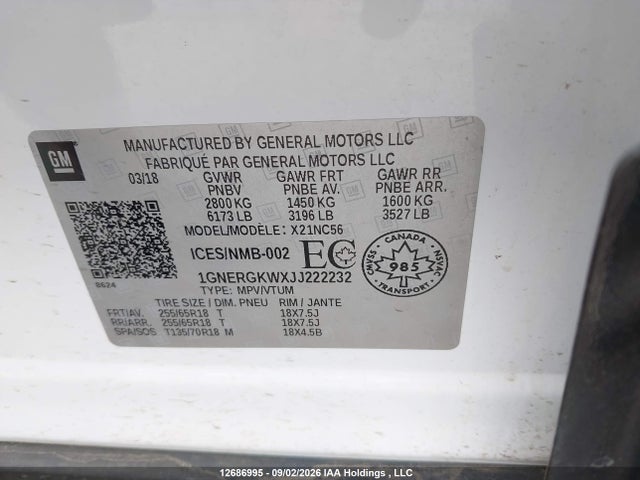 Продаж на аукціоні авто 2018 Chevrolet Traverse Lt Cloth, vin: 1GNERGKWXJJ222232, номер лоту: 12686995