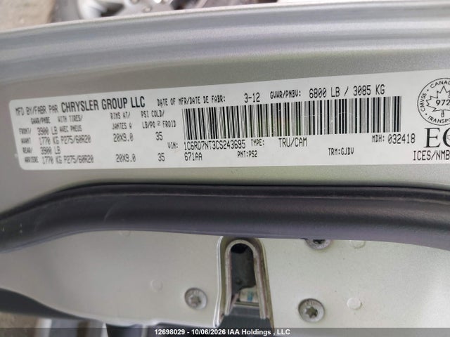 2012 Dodge Ram 1500 Laramie მანქანა იყიდება აუქციონზე, vin: 1C6RD7NT3CS243695, აუქციონის ნომერი: 12698029