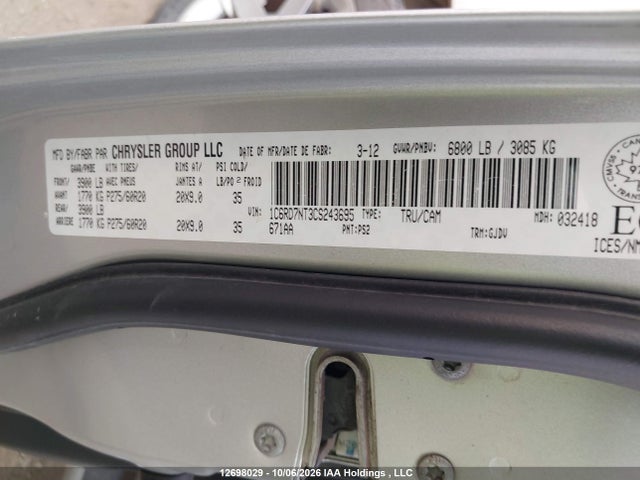 2012 Dodge Ram 1500 Laramie მანქანა იყიდება აუქციონზე, vin: 1C6RD7NT3CS243695, აუქციონის ნომერი: 12698029