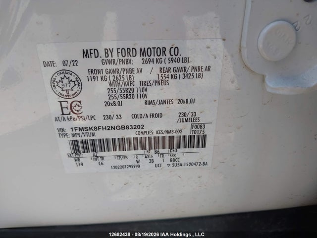 1FMSK8FH2NGB83202 Ford Explorer Limited