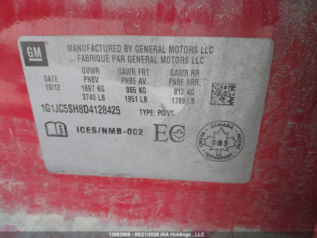 2013 Chevrolet Sonic Lt Auto მანქანა იყიდება აუქციონზე, vin: 1G1JC5SH8D4128425, აუქციონის ნომერი: 12683988