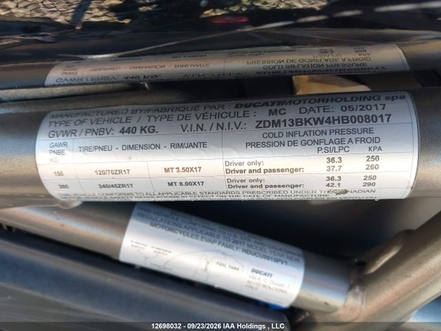 Продажа на аукционе авто 2017 Ducati , vin: ZDM13BKW4HB008017, номер лота: 12698032