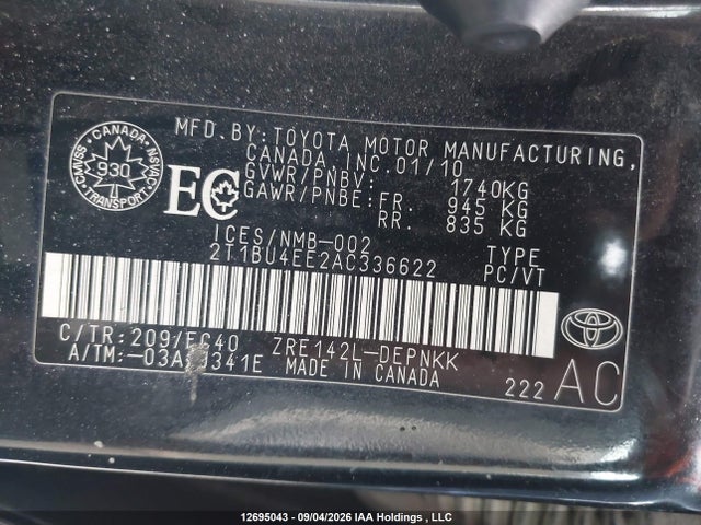 12695043 :رقم المزاد ، 2T1BU4EE2AC336622 vin ، 2010 Toyota Corolla Le مزاد بيع