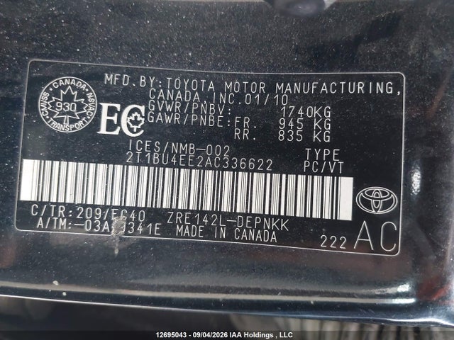 12695043 :رقم المزاد ، 2T1BU4EE2AC336622 vin ، 2010 Toyota Corolla Le مزاد بيع