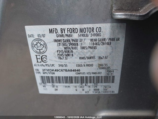 Продажа на аукционе авто 2007 Ford Edge Sel Plus, vin: 2FMDK49C67BA84846, номер лота: 12698043
