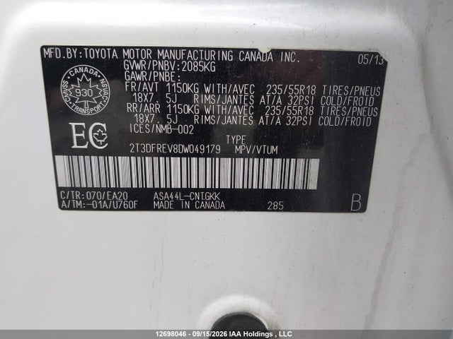 Продаж на аукціоні авто 2013 Toyota Rav4 Limited, vin: 2T3DFREV8DW049179, номер лоту: 12698046