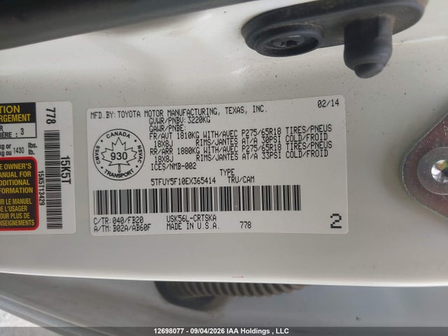 2014 Toyota Tundra Sr 5.7l V8 მანქანა იყიდება აუქციონზე, vin: 5TFUY5F10EX365414, აუქციონის ნომერი: 12698077