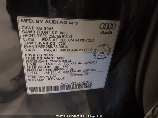 Продажа на аукционе авто 2010 Audi Q7 3.6 Premium, vin: WA1JYCFE8AD007803, номер лота: 12698079