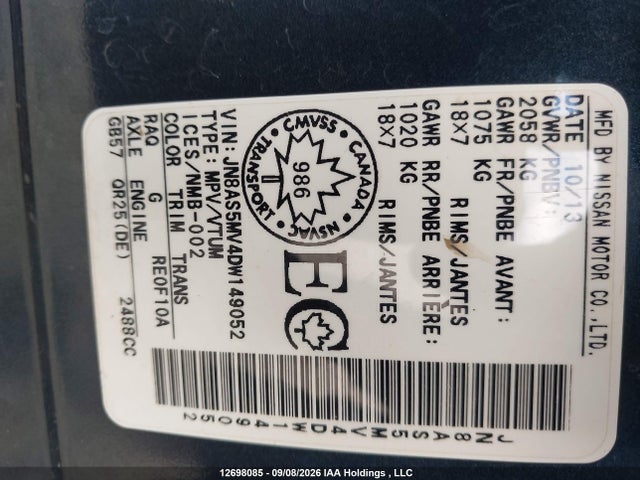 2013 Nissan Rogue S/sv მანქანა იყიდება აუქციონზე, vin: JN8AS5MV4DW149052, აუქციონის ნომერი: 12698085