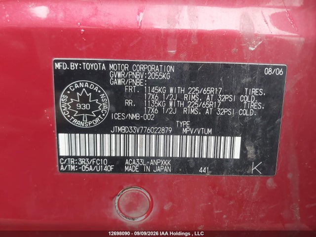 Aukcja sprzedaży 2007 Toyota Rav4, vin: JTMBD33V776022879, numer aukcji: 12698090