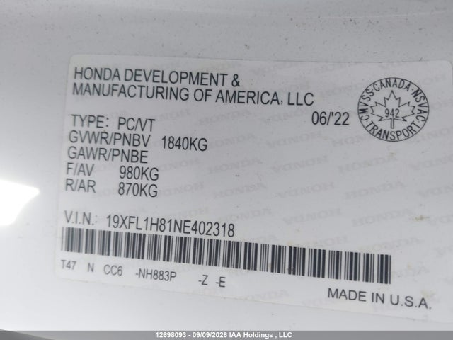 Honda Civic 2022 19XFL1H81NE402318 Image 9
