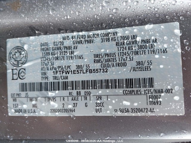 Ford F150 Supercrew 2020 1FTFW1E57LFB55732 Image 9