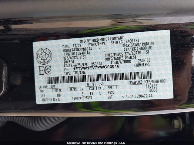 12698102 :رقم المزاد ، 1FTVW1EV7PWG03016 vin ، 2023 Ford F150 Lightning Pro/lightning Xlt/lightning Lariat/lightning Platinum مزاد بيع