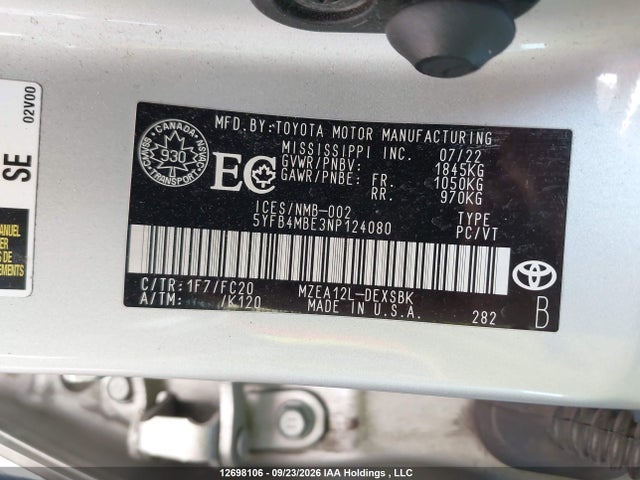 Toyota COROLLA SE 2022 5YFB4MBE3NP124080 Image 9