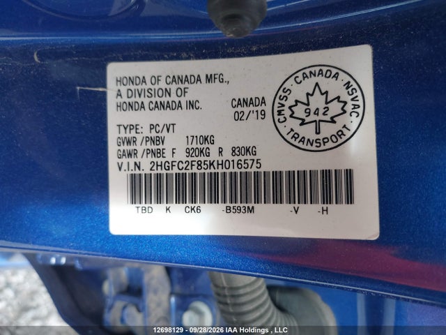 Продажа на аукционе авто 2019 Honda Civic Sport, vin: 2HGFC2F85KH016575, номер лота: 12698129
