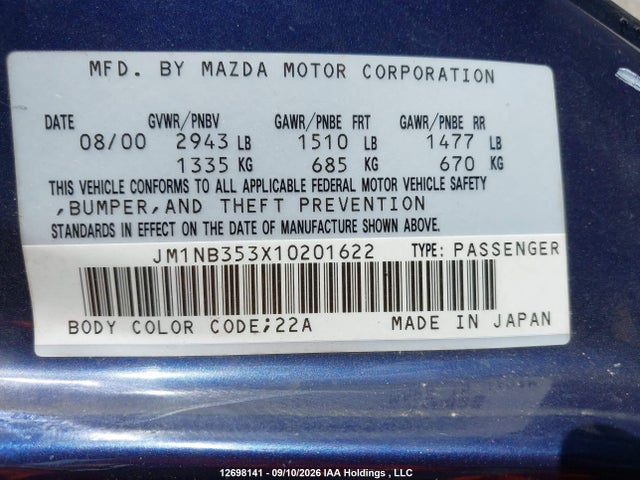 Продажа на аукционе авто 2001 Mazda Miata, vin: JM1NB353X10201622, номер лота: 12698141