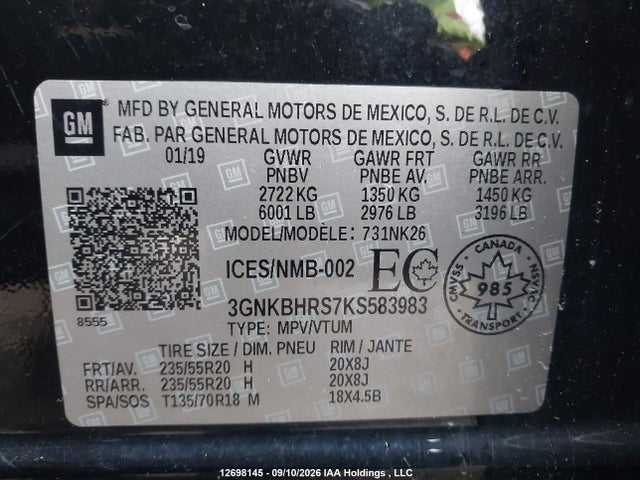 Aukcja sprzedaży 2019 Chevrolet Blazer 3.6 True North, vin: 3GNKBHRS7KS583983, numer aukcji: 12698145
