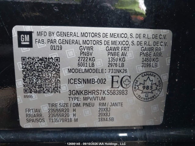 Aukcja sprzedaży 2019 Chevrolet Blazer 3.6 True North, vin: 3GNKBHRS7KS583983, numer aukcji: 12698145