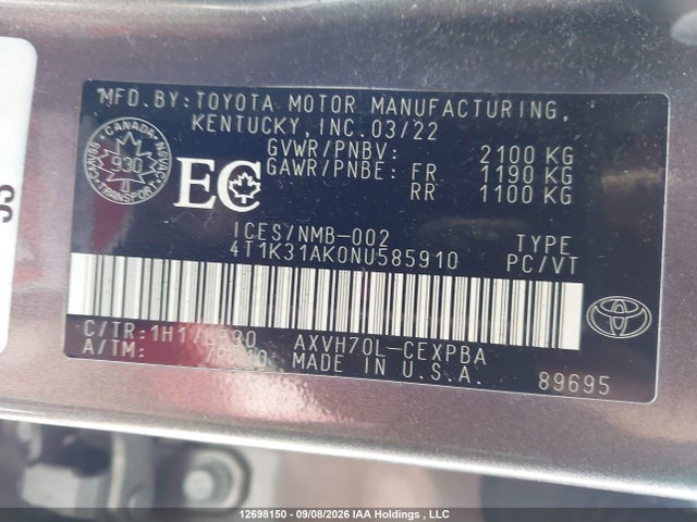 Продаж на аукціоні авто 2022 Toyota Camry Xse, vin: 4T1K31AK0NU585910, номер лоту: 12698150
