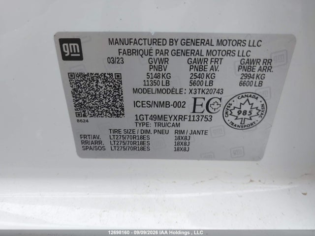12698160 :رقم المزاد ، 1GT49MEYXRF113753 vin ، 2024 Gmc Sierra K2500 Sle مزاد بيع