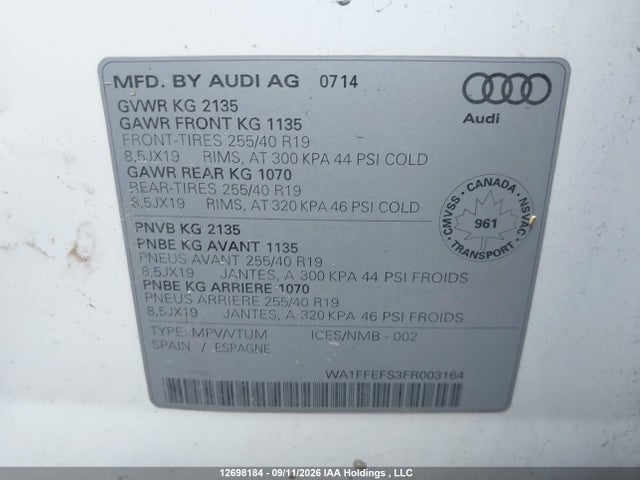 12698184 :رقم المزاد ، WA1FFEFS3FR003164 vin ، 2015 Audi Q3 Prestige مزاد بيع